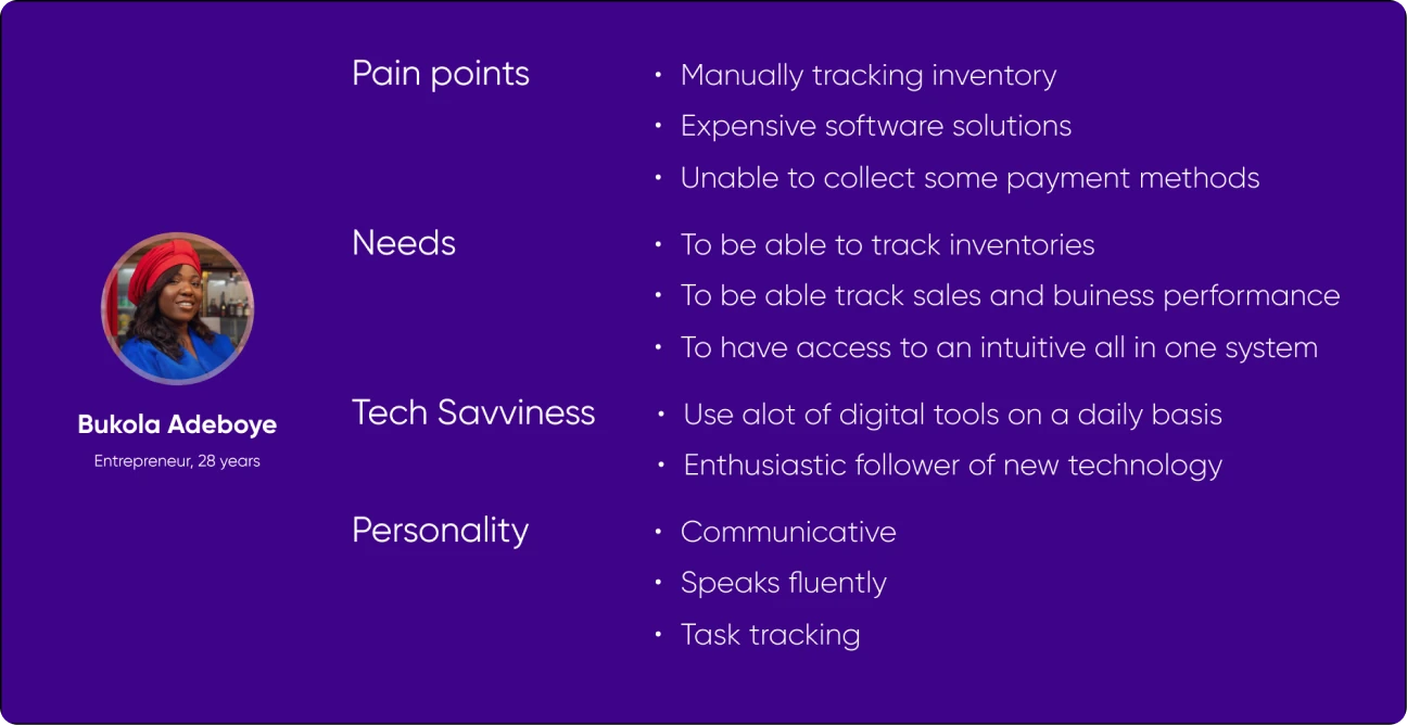 Merchant persona: an entrepreneur whose pain points are manual inventory tracking, expensive software and limited payment methods, needing one intuitive system to track stock and sales