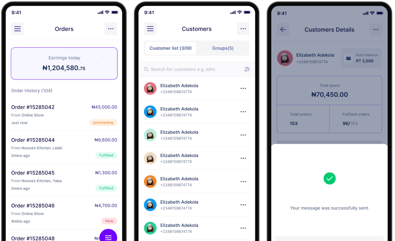 Kwiksell orders, customer list, and customer details screens