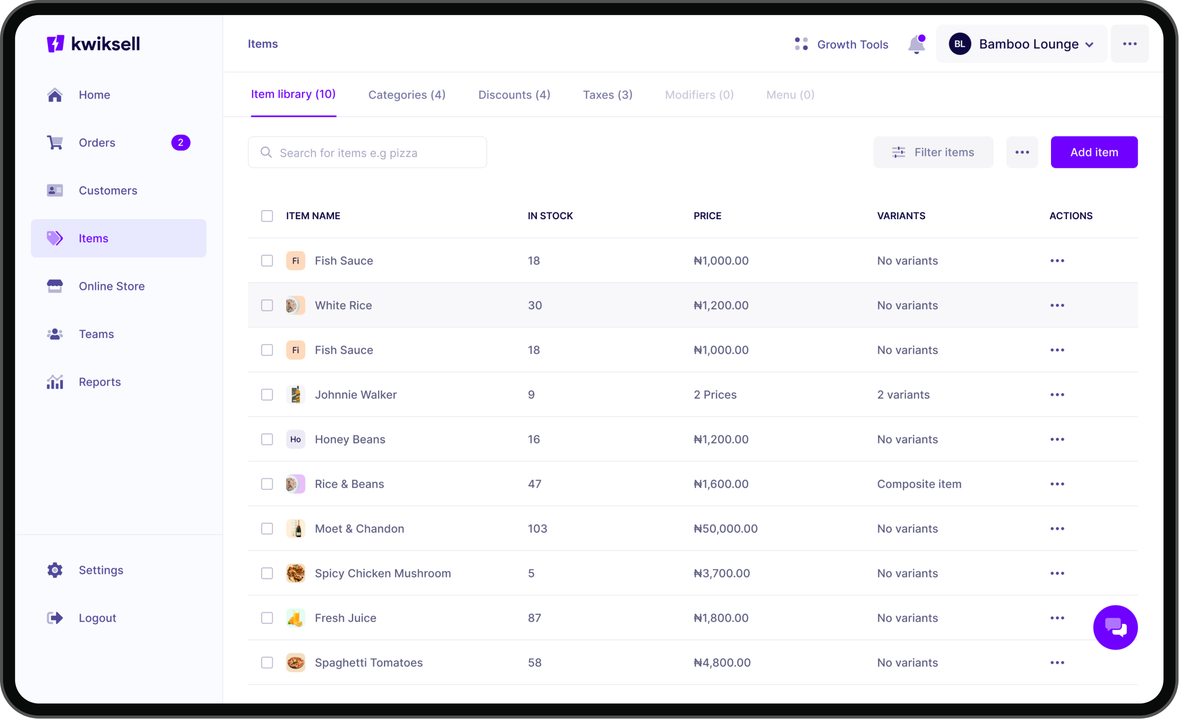 Kwiksell desktop inventory: item library with stock, price, and variants